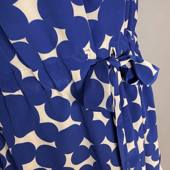 Yoana Baraschi Dress Dotted Women Size 10 Blue Cream Cut-Out Neckline Tie‎ Belt - Picture 11 of 15